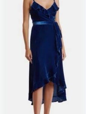 BCBGeneration Velvet Blue Ruffle Wrap High-Low Dress